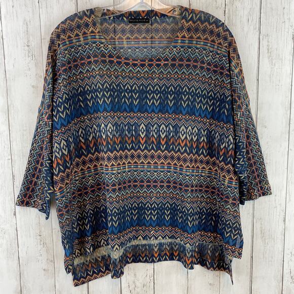 Nally & Millie Blue/Orange Geometric Print 3/4 Sleeve Light Knit Top One Size - Picture 1 of 7